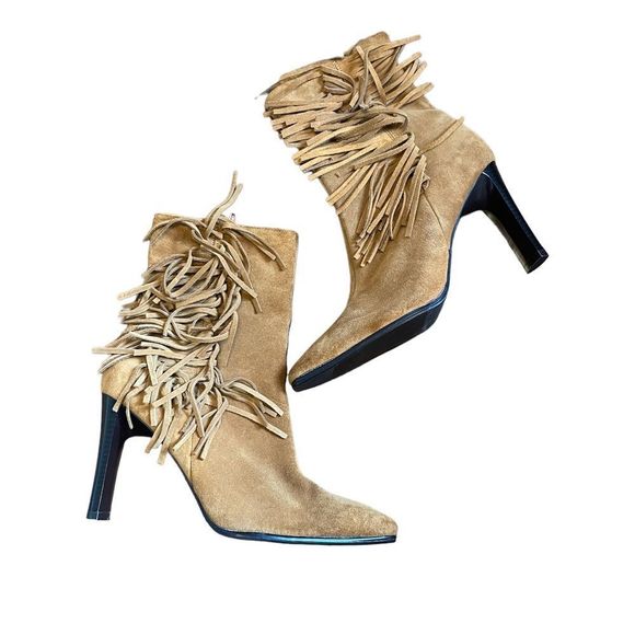 Predictions Shoes Vintage Leather Fringe Ankle Boots Square Toe